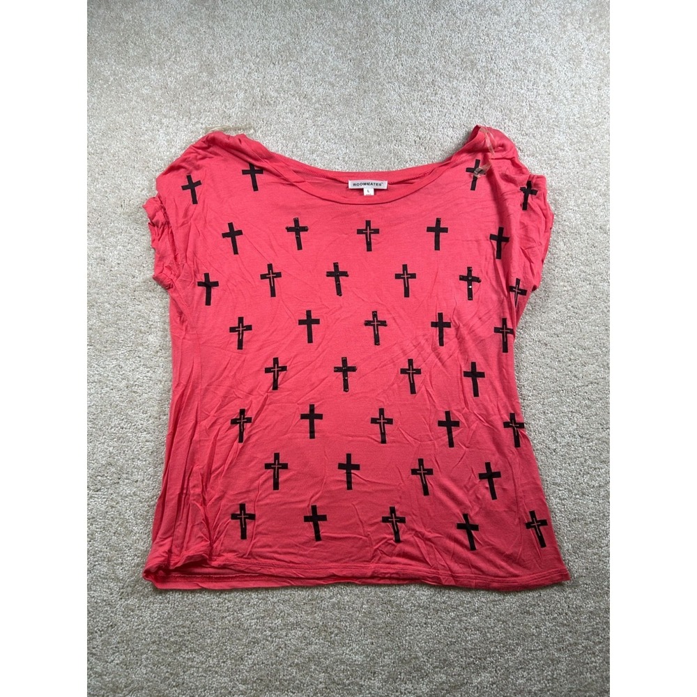 Roommates Womens Size L Red Cross Print T-Shirt